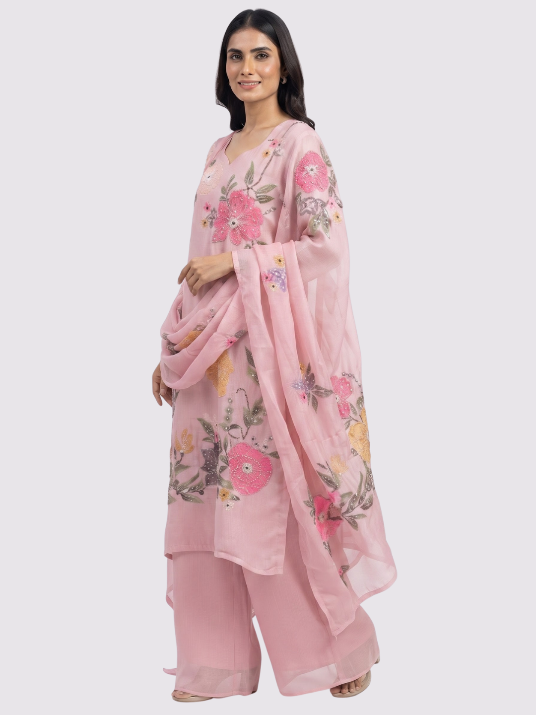 Pink Chinon Indo Western with Cutdana, Sequins, Pearl and Printed Embroidery 1