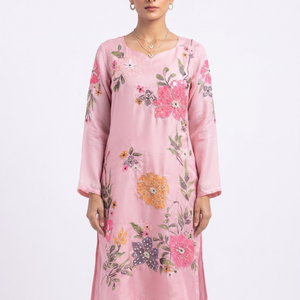 Pink Chinon Indo Western with Cutdana, Sequins, Pearl and Printed Embroidery 2