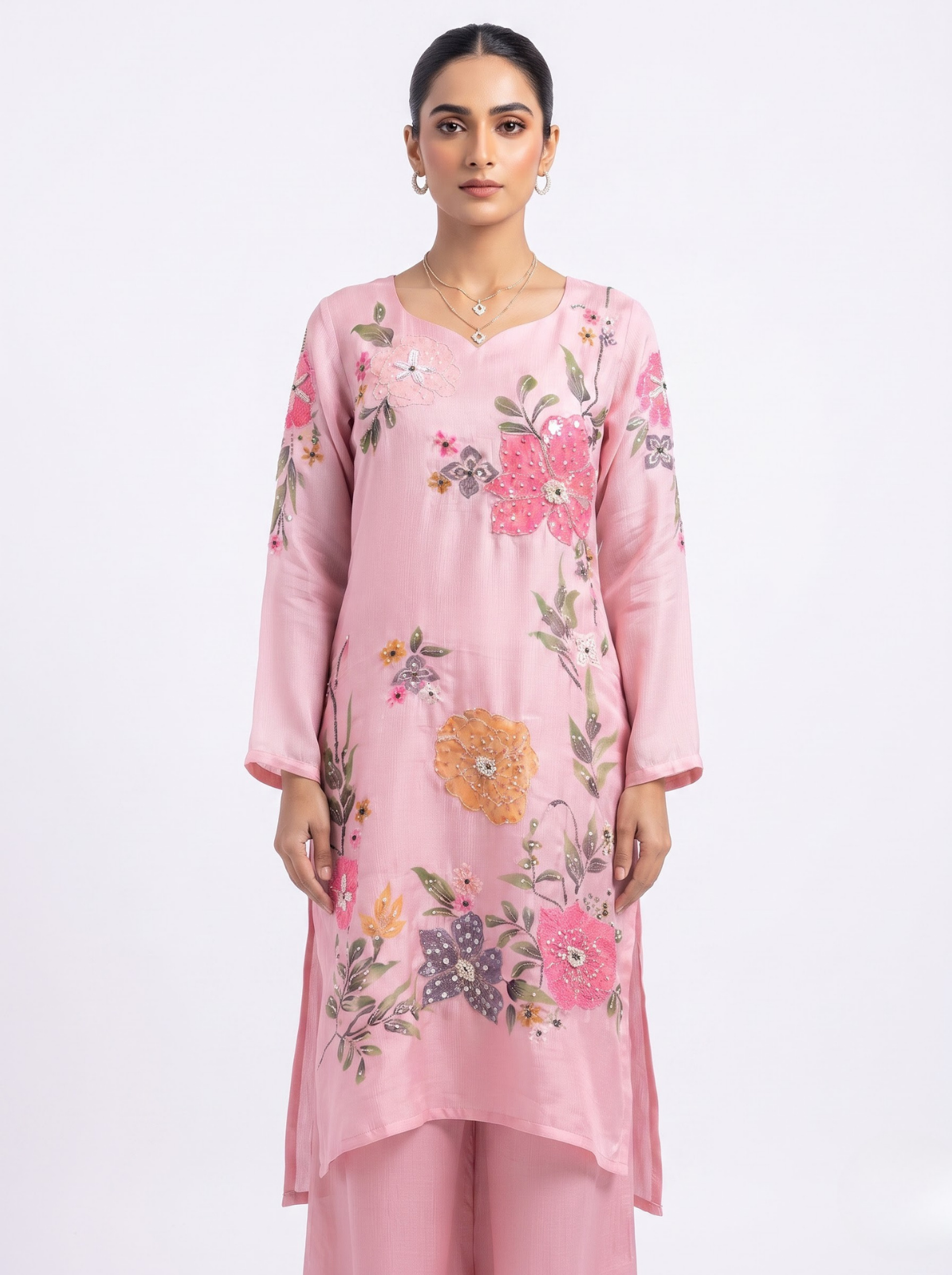 Pink Chinon Indo Western with Cutdana, Sequins, Pearl and Printed Embroidery 2