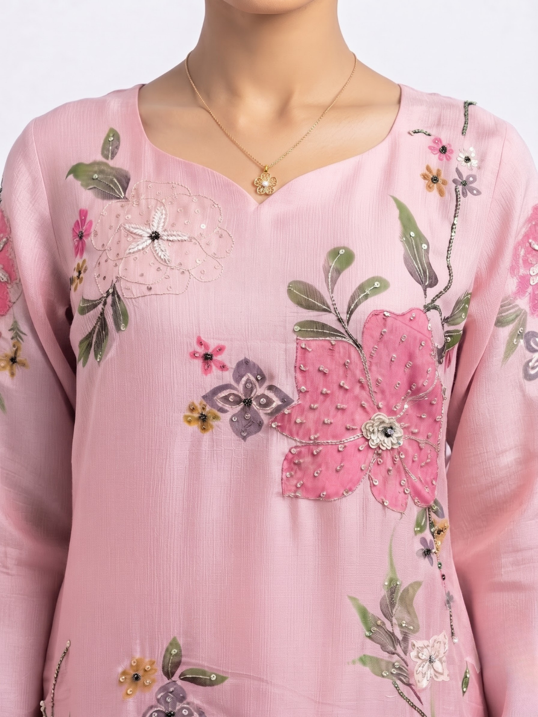 Pink Chinon Indo Western with Cutdana, Sequins, Pearl and Printed Embroidery 3