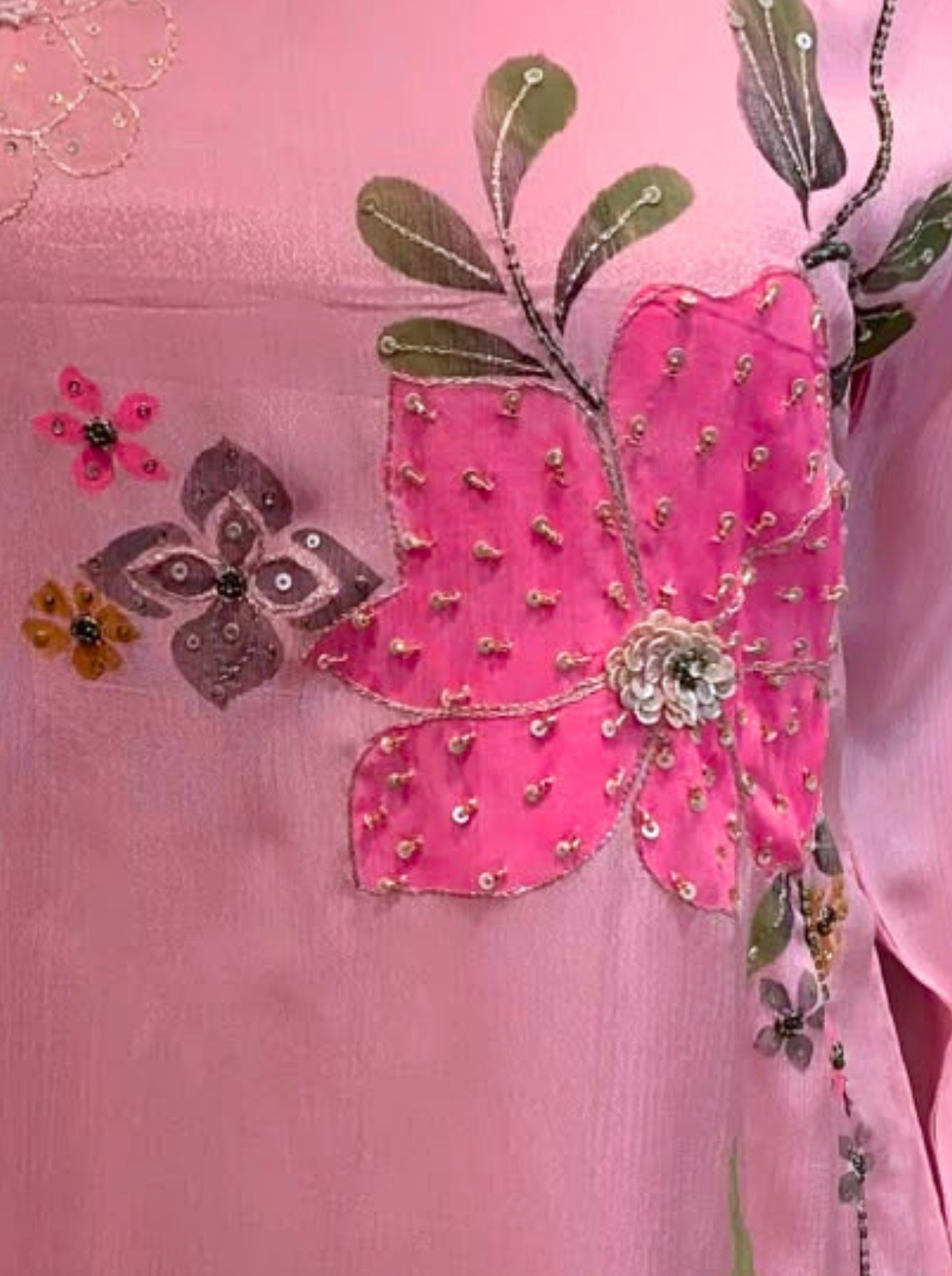 Pink Chinon Indo Western with Cutdana, Sequins, Pearl and Printed Embroidery 4