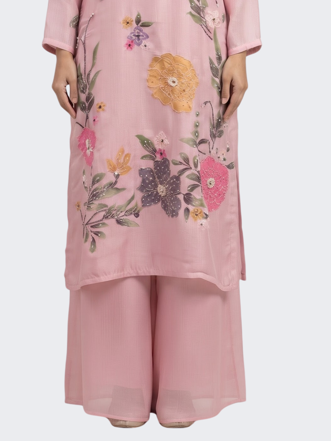 Pink Chinon Indo Western with Cutdana, Sequins, Pearl and Printed Embroidery 5