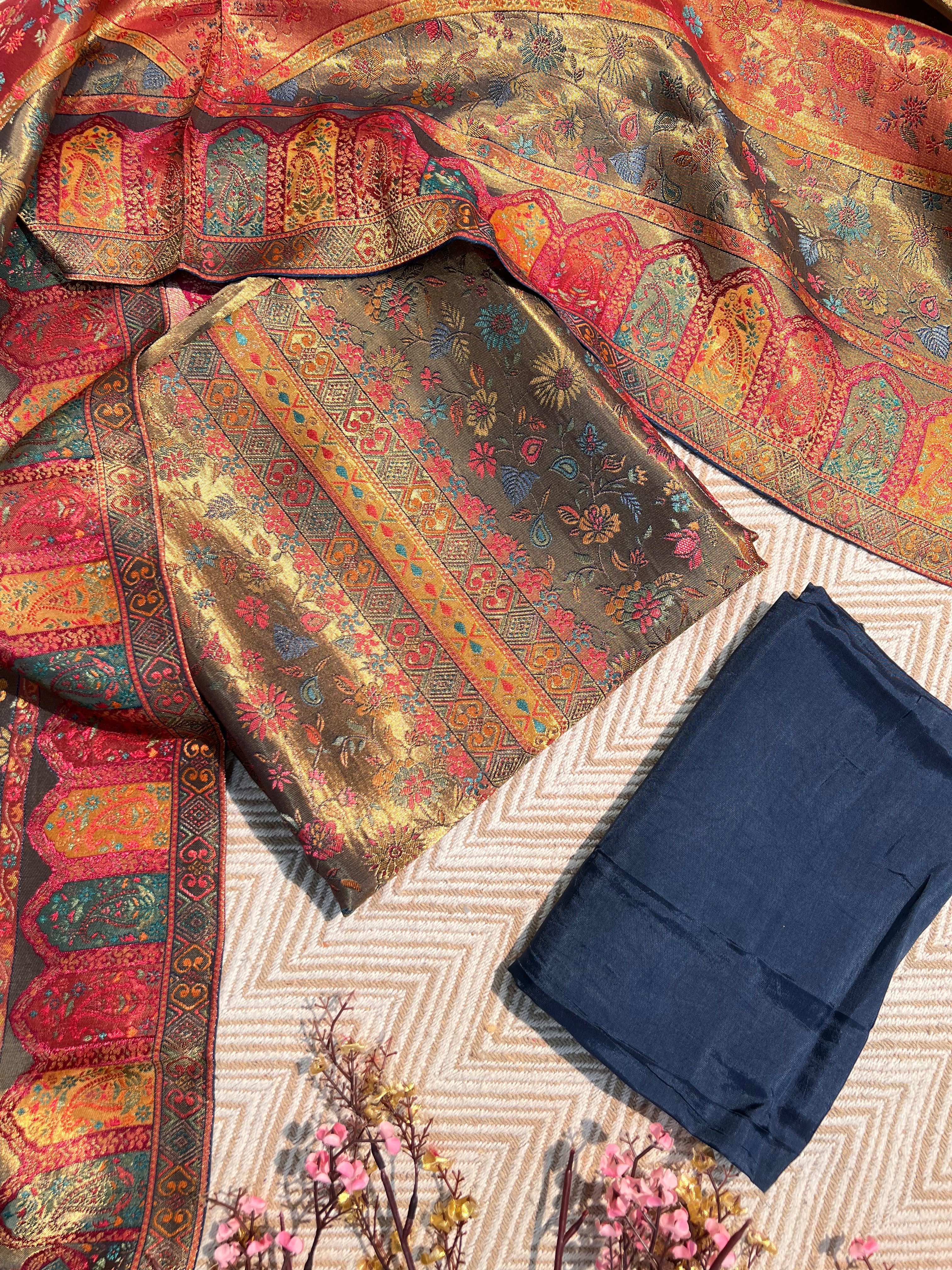 Golden And Blue Silk Unstitched Suit with Weaving Embroidery 1
