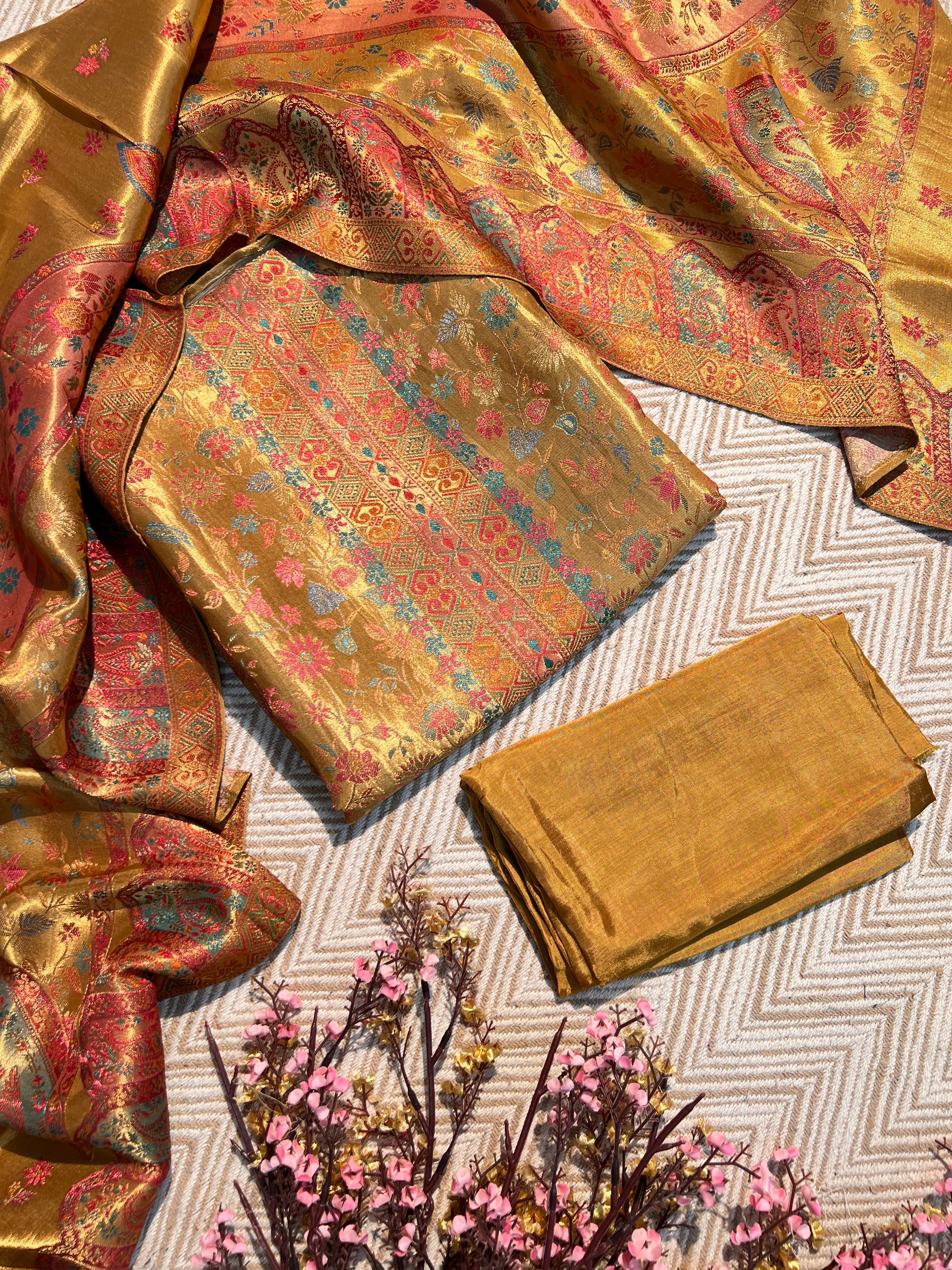 Golden And Mustard Silk Unstitched Suit with Weaving Embroidery 1