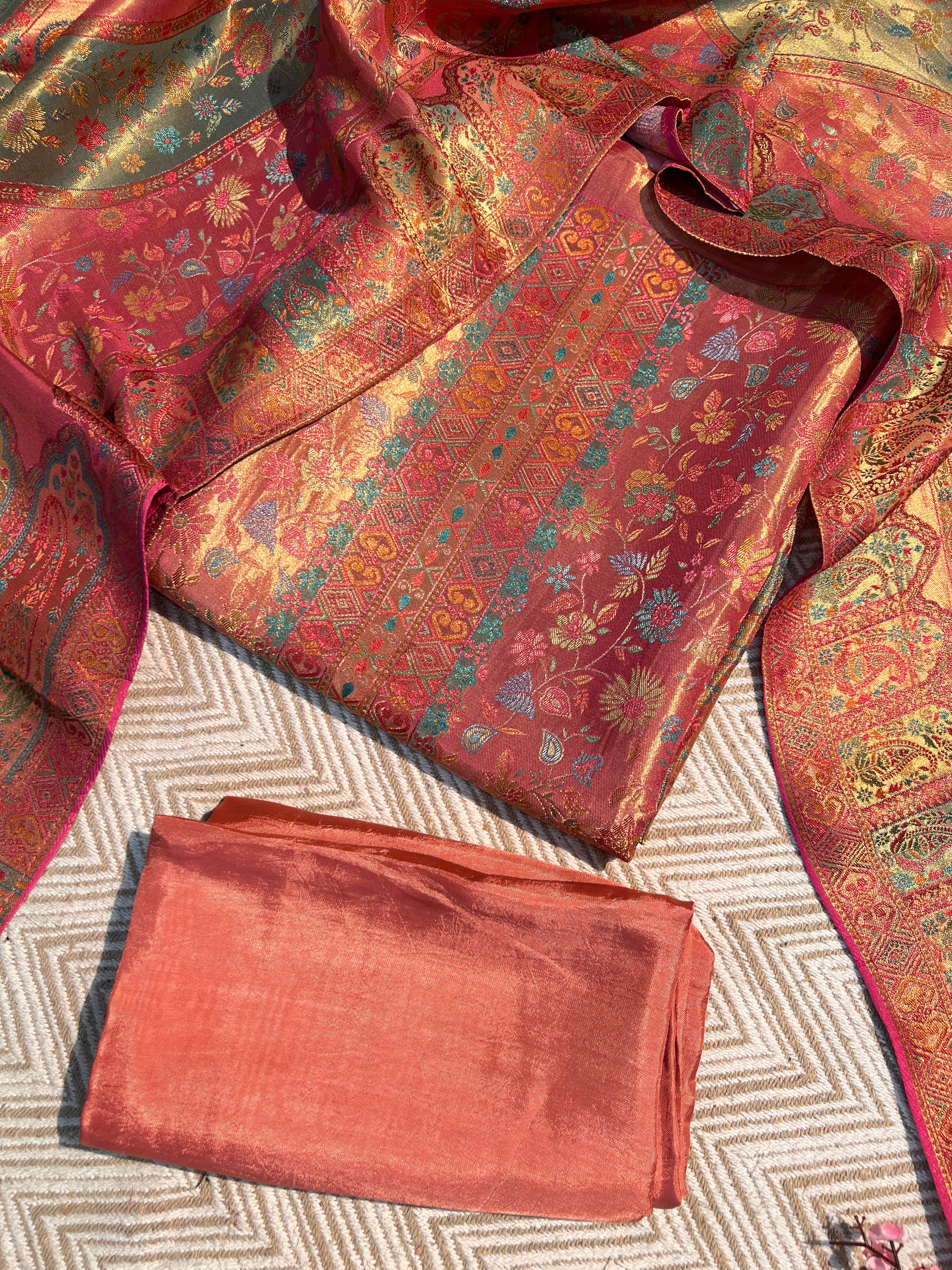Golden And Peach Silk Unstitched Suit with Weaving Embroidery 8