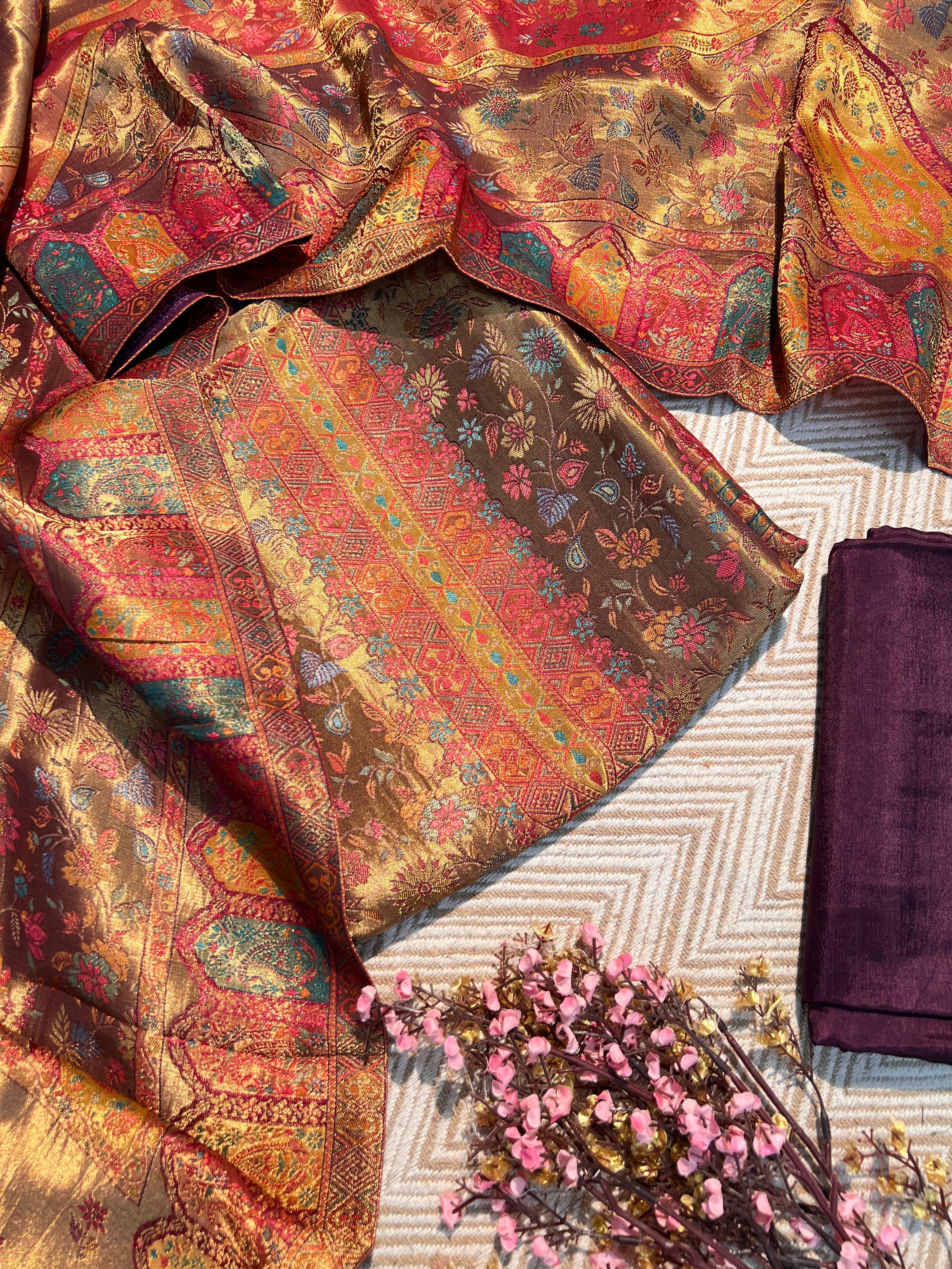 Golden And Wine Silk Unstitched Suit with Weaving Embroidery 1