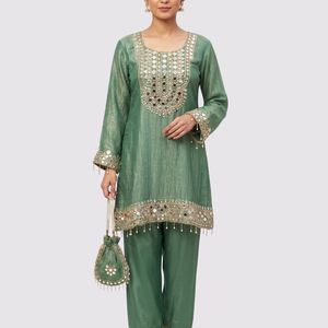 Green Tissue Shirt, Palazzo And Dupatta with Zari and Mirror Embroidery 5