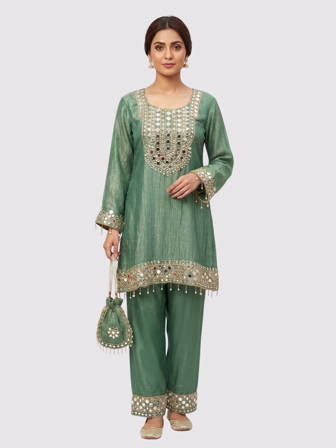 Green Tissue Shirt, Palazzo And Dupatta with Zari and Mirror Embroidery 5