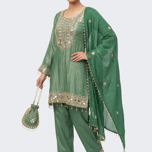 Green Tissue Shirt, Palazzo And Dupatta with Zari and Mirror Embroidery 1