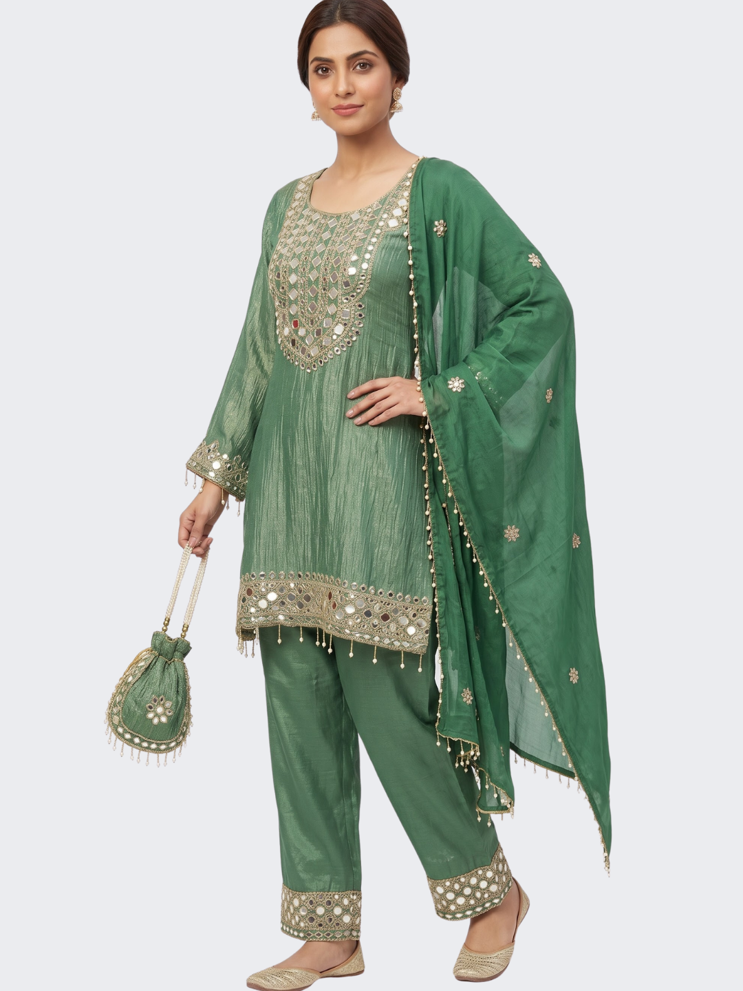 Green Tissue Shirt, Palazzo And Dupatta with Zari and Mirror Embroidery 1