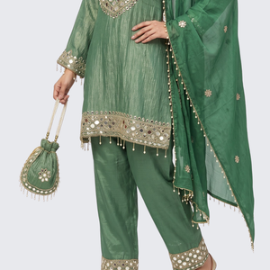 Green Tissue Shirt, Palazzo And Dupatta with Zari and Mirror Embroidery 4