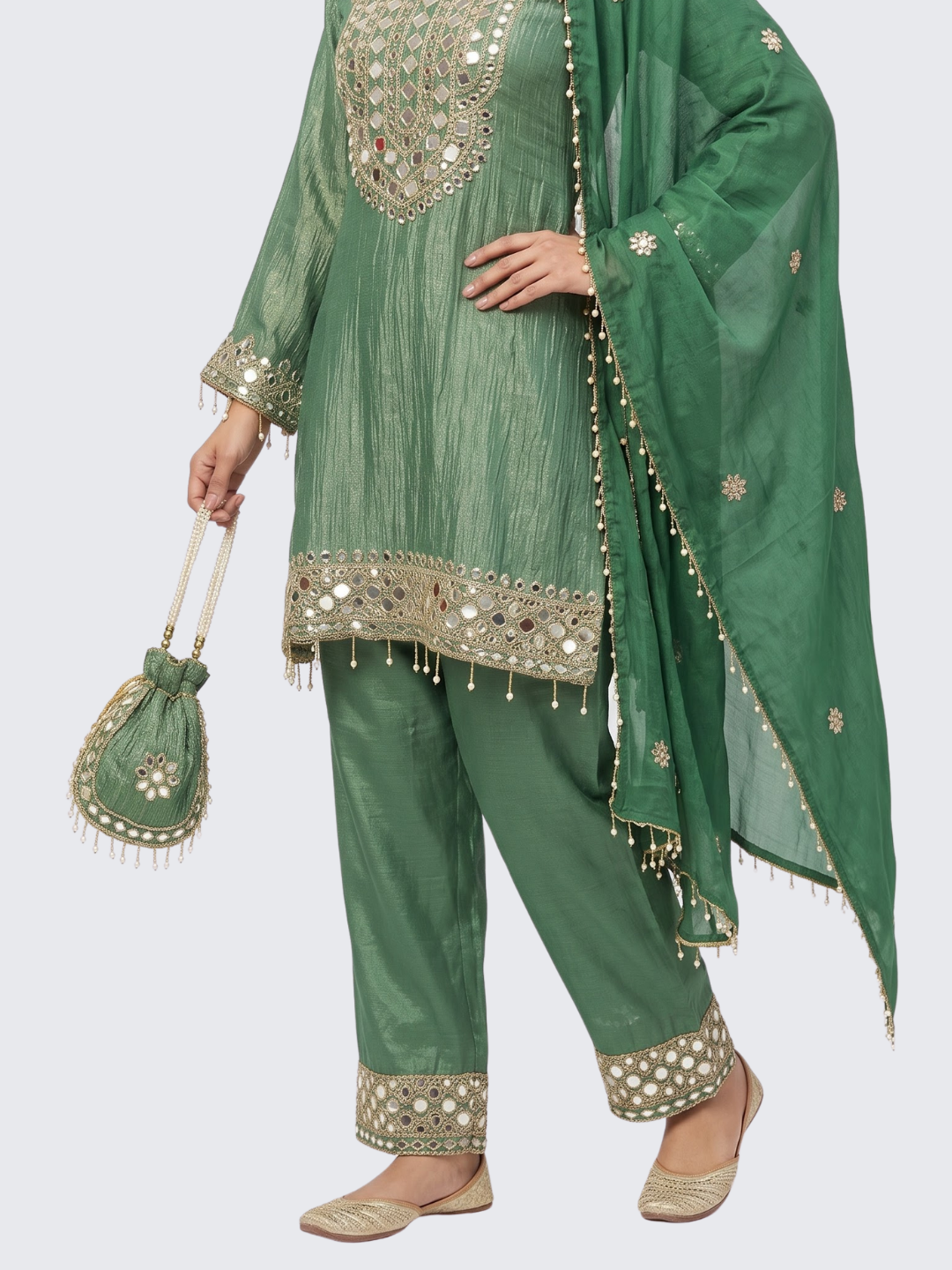 Green Tissue Shirt, Palazzo And Dupatta with Zari and Mirror Embroidery 4