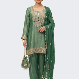 Green Tissue Shirt, Palazzo And Dupatta with Zari and Mirror Embroidery 2