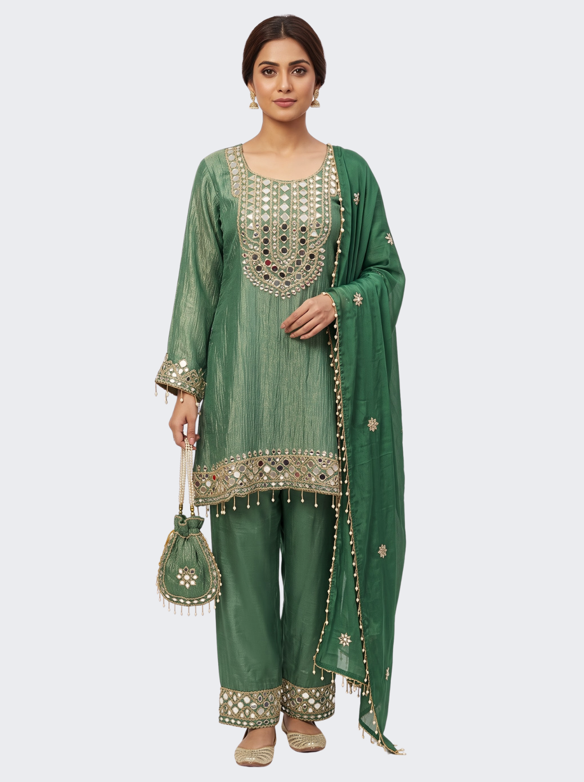 Green Tissue Shirt, Palazzo And Dupatta with Zari and Mirror Embroidery 2