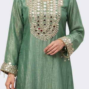 Green Tissue Shirt, Palazzo And Dupatta with Zari and Mirror Embroidery 3