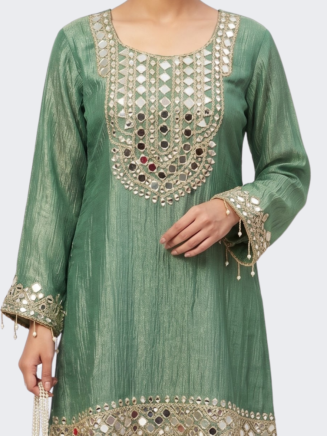Green Tissue Shirt, Palazzo And Dupatta with Zari and Mirror Embroidery 3