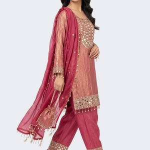 Pink Tissue Shirt, Palazzo And Dupatta with Zari and Mirror Embroidery 1