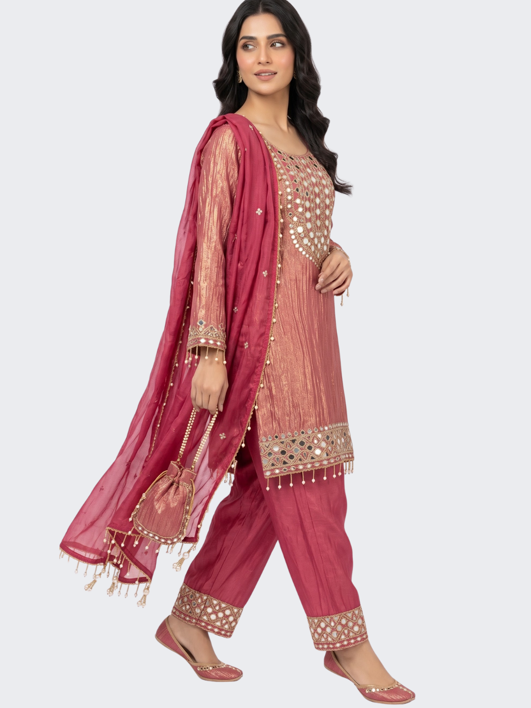 Pink Tissue Shirt, Palazzo And Dupatta with Zari and Mirror Embroidery 1