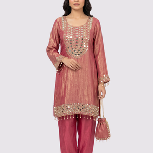 Pink Tissue Shirt, Palazzo And Dupatta with Zari and Mirror Embroidery 2