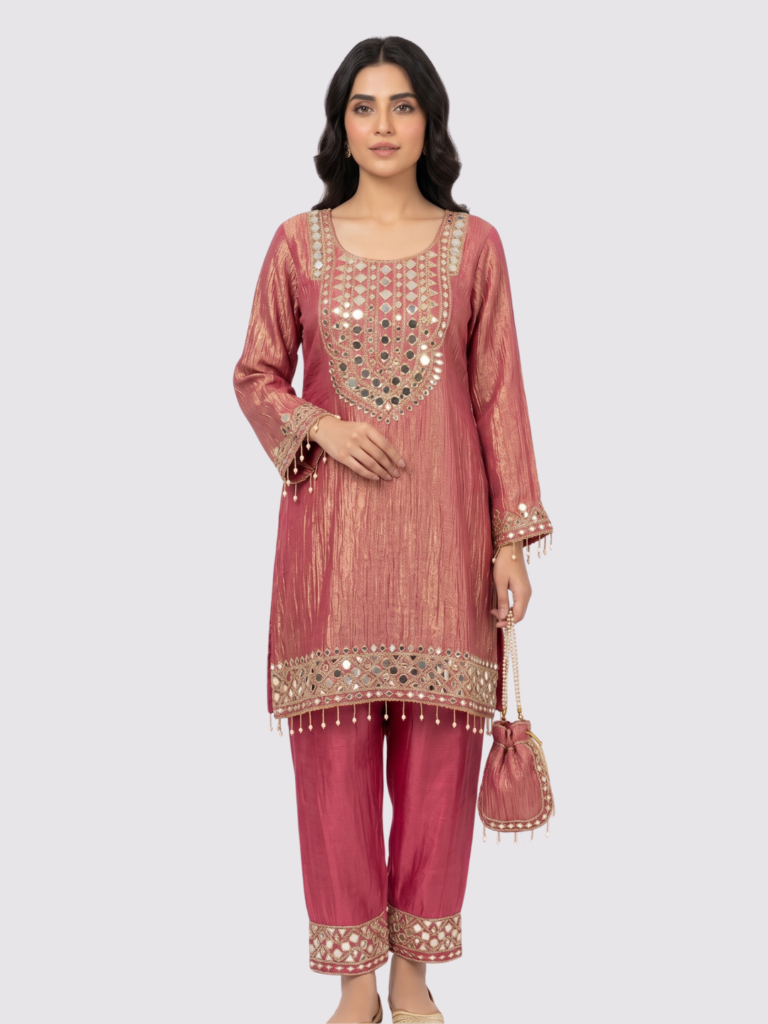 Pink Tissue Shirt, Palazzo And Dupatta with Zari and Mirror Embroidery 2