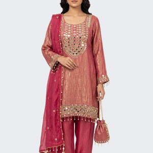 Pink Tissue Shirt, Palazzo And Dupatta with Zari and Mirror Embroidery 5
