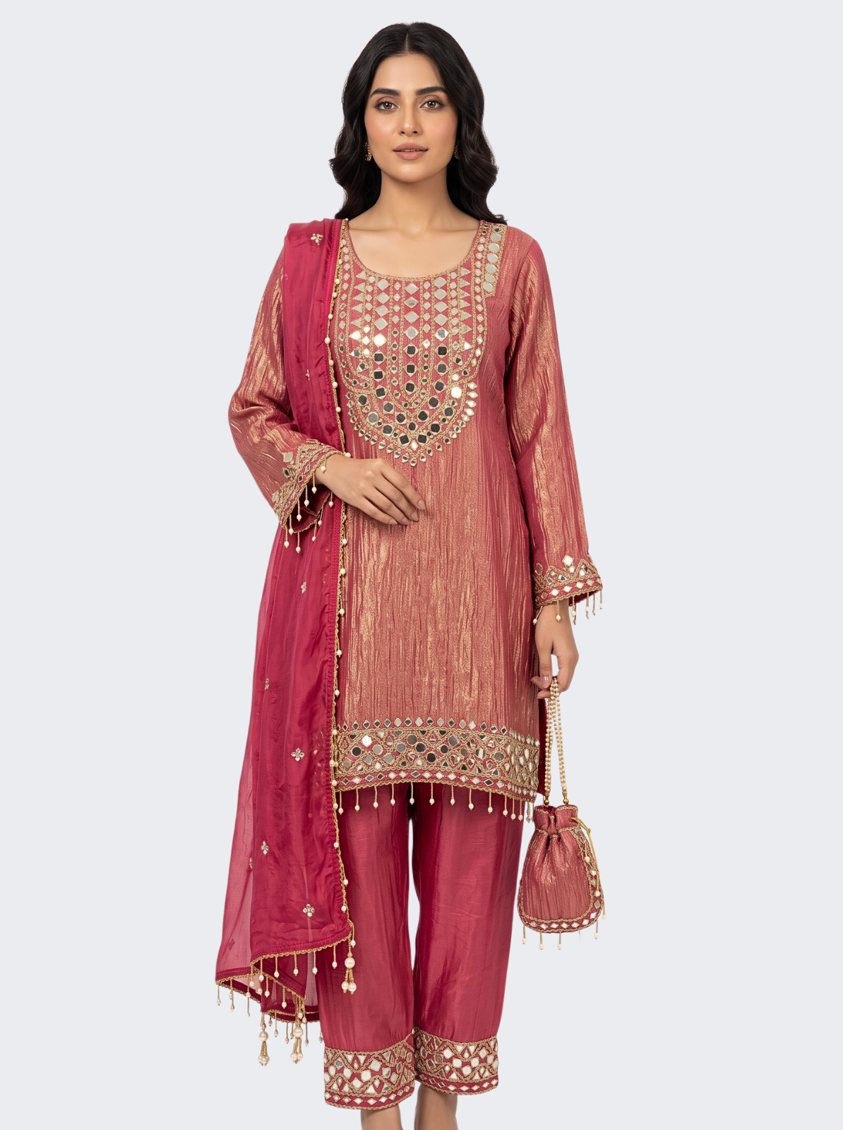 Pink Tissue Shirt, Palazzo And Dupatta with Zari and Mirror Embroidery 5
