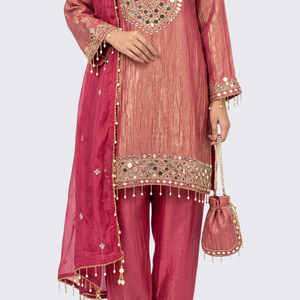 Pink Tissue Shirt, Palazzo And Dupatta with Zari and Mirror Embroidery 3