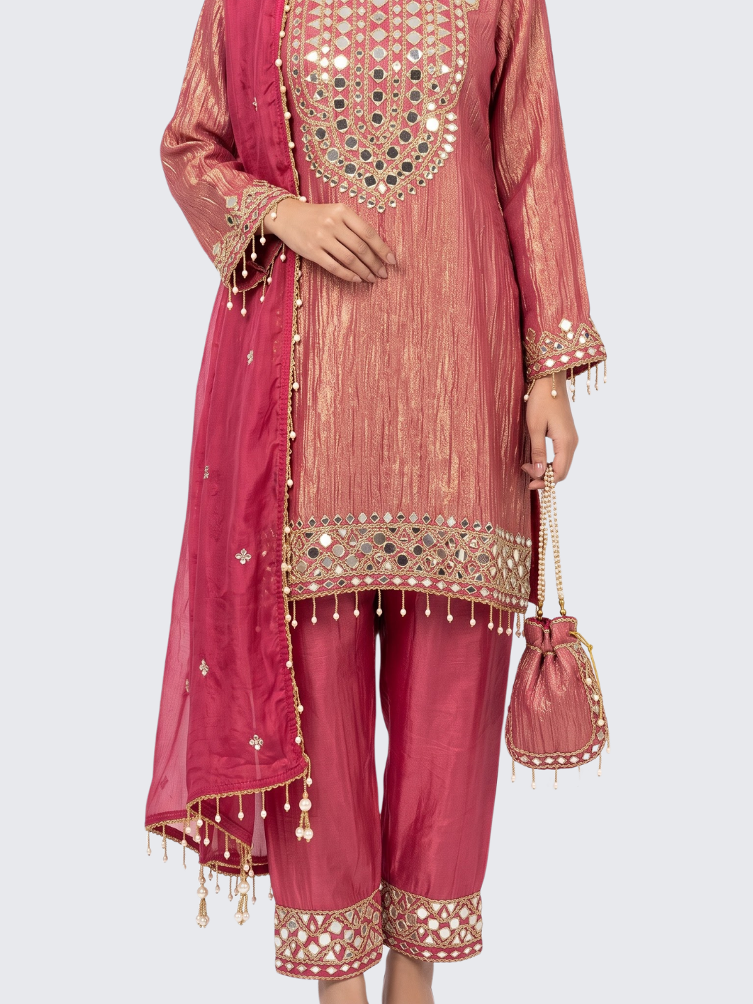Pink Tissue Shirt, Palazzo And Dupatta with Zari and Mirror Embroidery 3