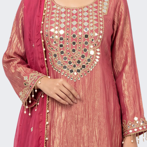 Pink Tissue Shirt, Palazzo And Dupatta with Zari and Mirror Embroidery 4