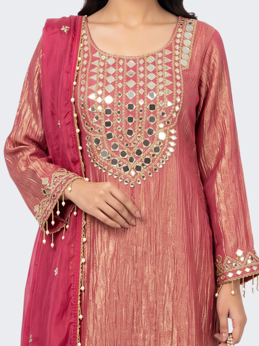 Pink Tissue Shirt, Palazzo And Dupatta with Zari and Mirror Embroidery 4