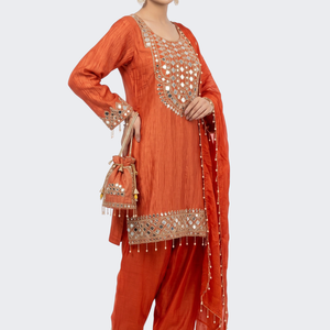 Red Tissue Shirt, Palazzo And Dupatta with Zari and Mirror Embroidery 1