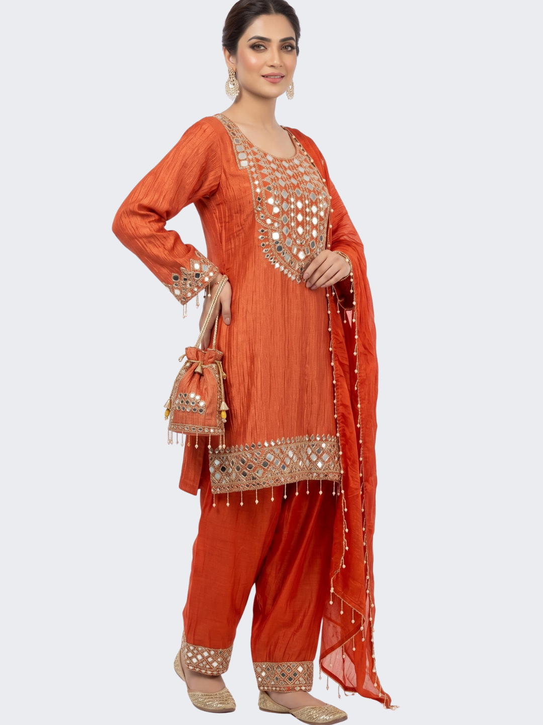 Red Tissue Shirt, Palazzo And Dupatta with Zari and Mirror Embroidery 1