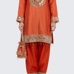 Red Tissue Shirt, Palazzo And Dupatta with Zari and Mirror Embroidery 2
