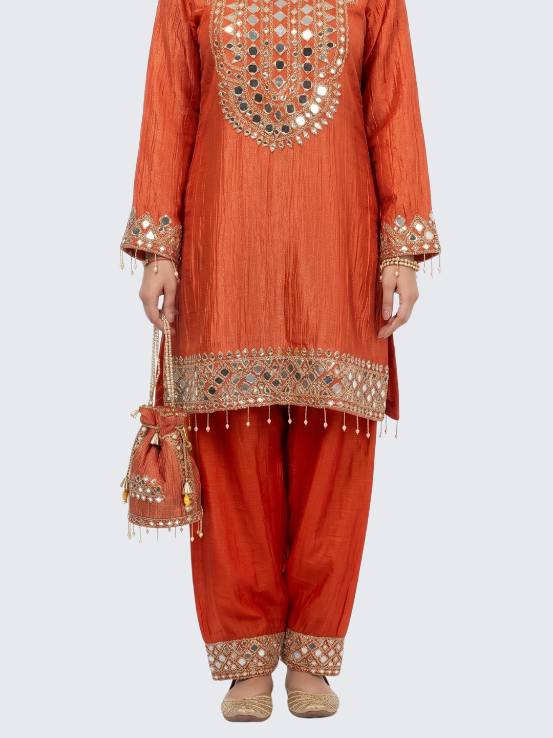 Red Tissue Shirt, Palazzo And Dupatta with Zari and Mirror Embroidery 2