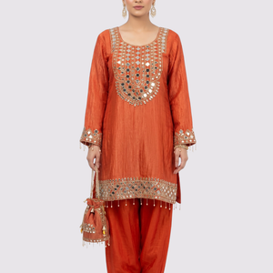 Red Tissue Shirt, Palazzo And Dupatta with Zari and Mirror Embroidery 5