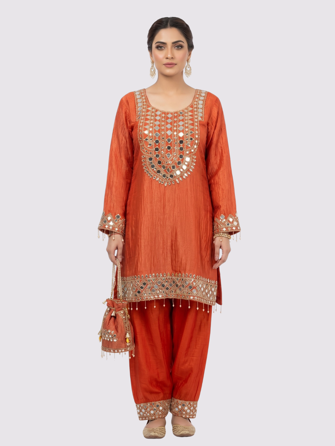 Red Tissue Shirt, Palazzo And Dupatta with Zari and Mirror Embroidery 5