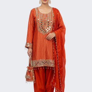 Red Tissue Shirt, Palazzo And Dupatta with Zari and Mirror Embroidery 4
