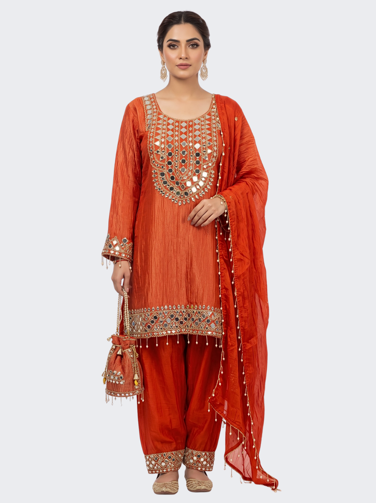Red Tissue Shirt, Palazzo And Dupatta with Zari and Mirror Embroidery 4