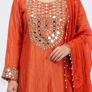 Red Tissue Shirt, Palazzo And Dupatta with Zari and Mirror Embroidery 3