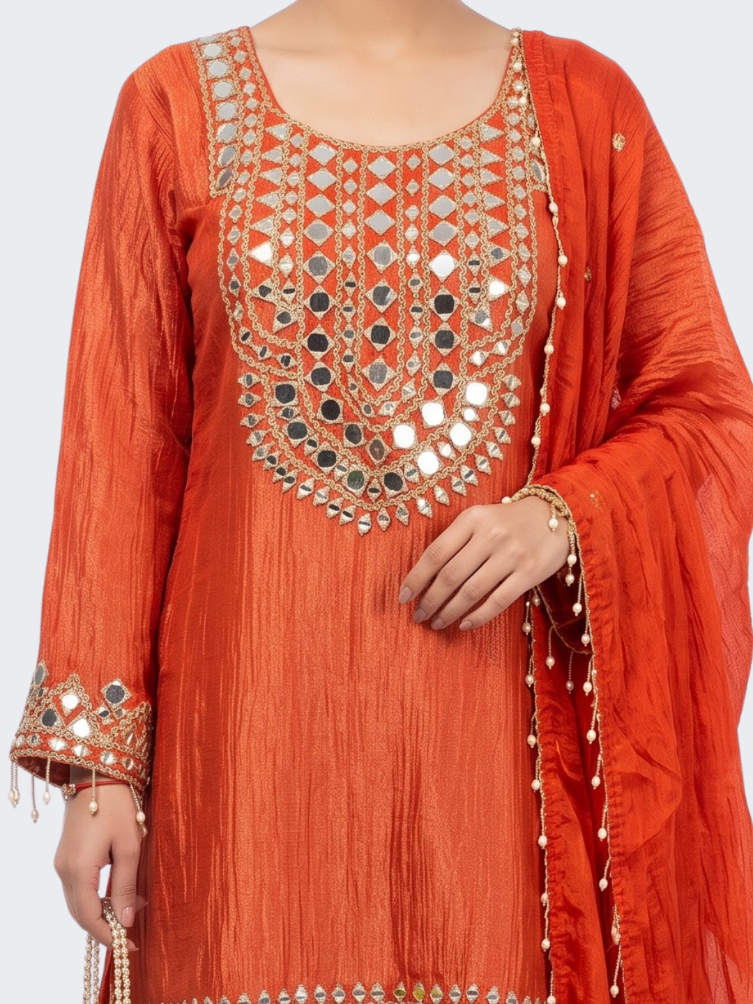 Red Tissue Shirt, Palazzo And Dupatta with Zari and Mirror Embroidery 3