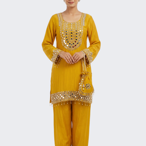 Yellow Tissue Shirt, Palazzo And Dupatta with Zari and Mirror Embroidery 5