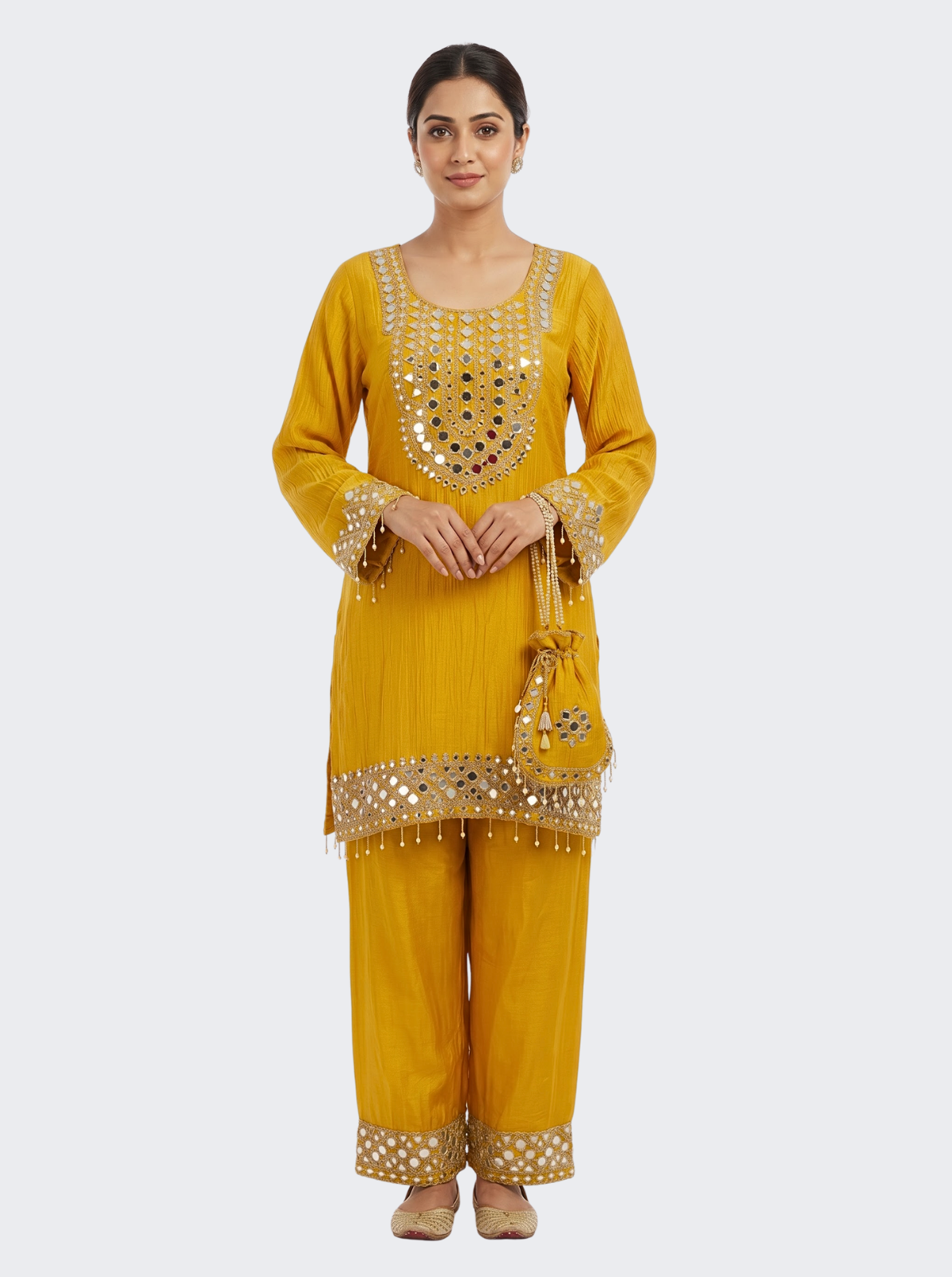 Yellow Tissue Shirt, Palazzo And Dupatta with Zari and Mirror Embroidery 5