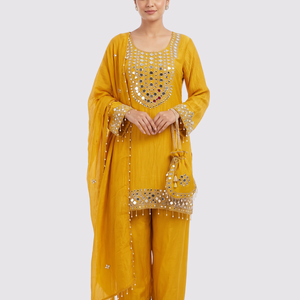 Yellow Tissue Shirt, Palazzo And Dupatta with Zari and Mirror Embroidery 1