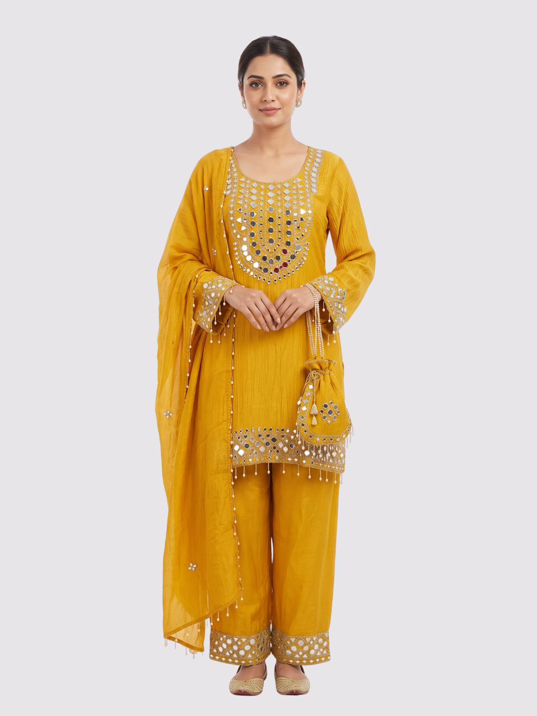 Yellow Tissue Shirt, Palazzo And Dupatta with Zari and Mirror Embroidery 1