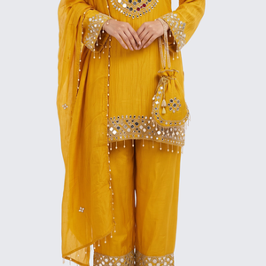 Yellow Tissue Shirt, Palazzo And Dupatta with Zari and Mirror Embroidery 2
