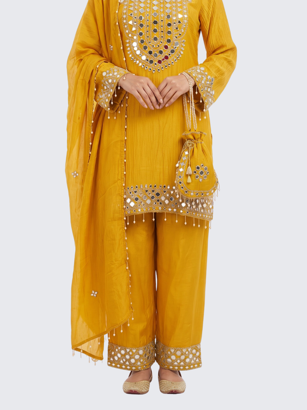Yellow Tissue Shirt, Palazzo And Dupatta with Zari and Mirror Embroidery 2