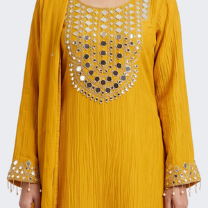 Yellow Tissue Shirt, Palazzo And Dupatta with Zari and Mirror Embroidery 4