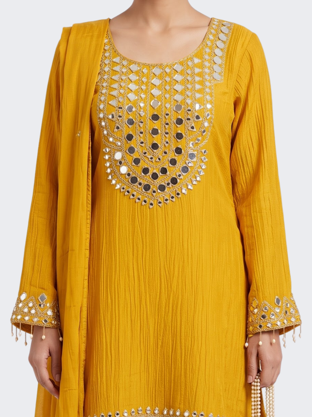 Yellow Tissue Shirt, Palazzo And Dupatta with Zari and Mirror Embroidery 4