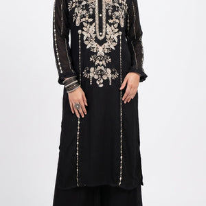 Black Chinon Suit Set with Cutdana, Sequins, Mirror and Pearl Embroidery 2