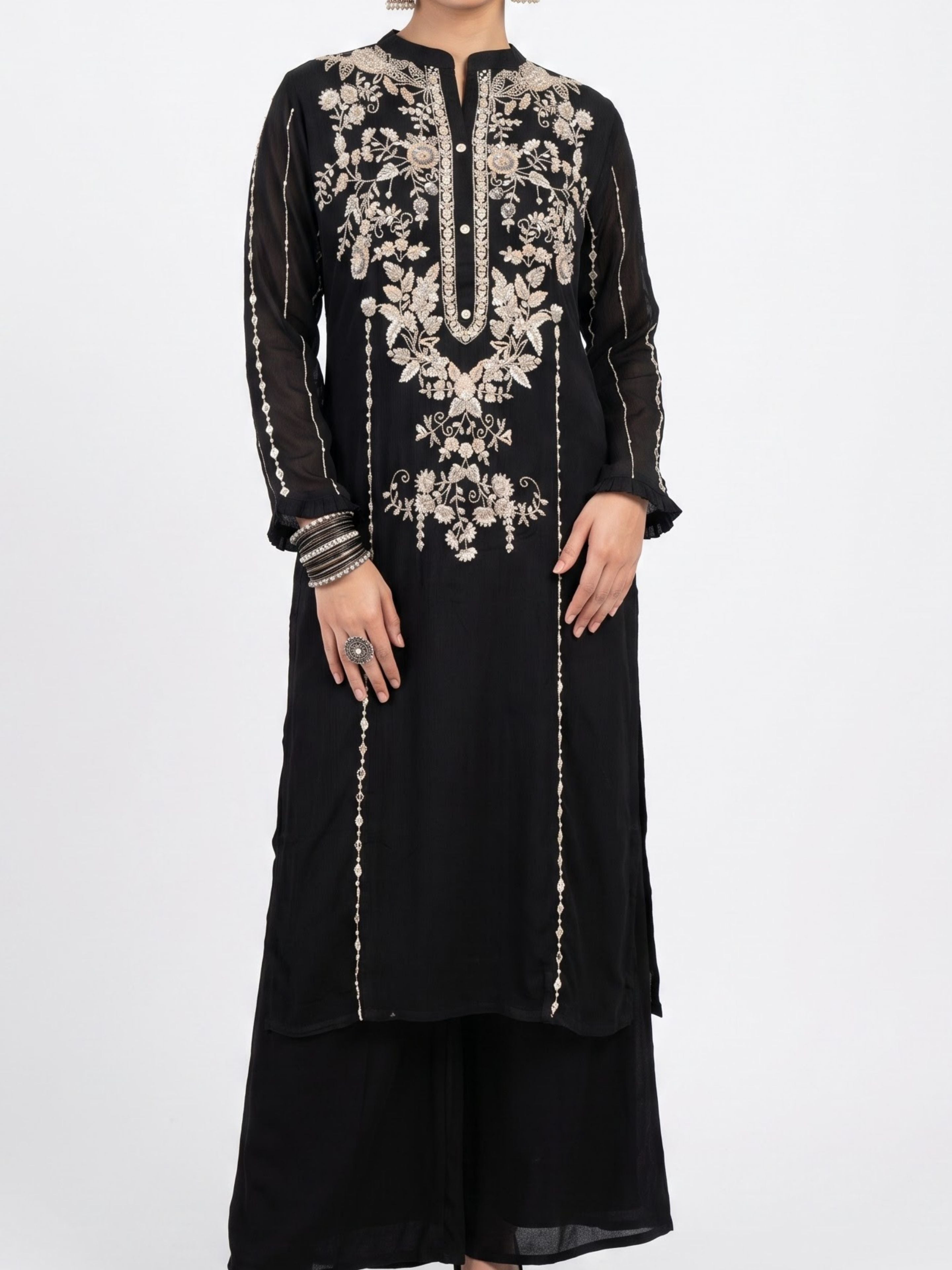 Black Chinon Suit Set with Cutdana, Sequins, Mirror and Pearl Embroidery 2